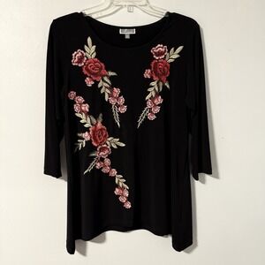 JM Collection Tunic Top Blouse Red Pink‎ Embroidered Floral Appliqué Long Sleeve